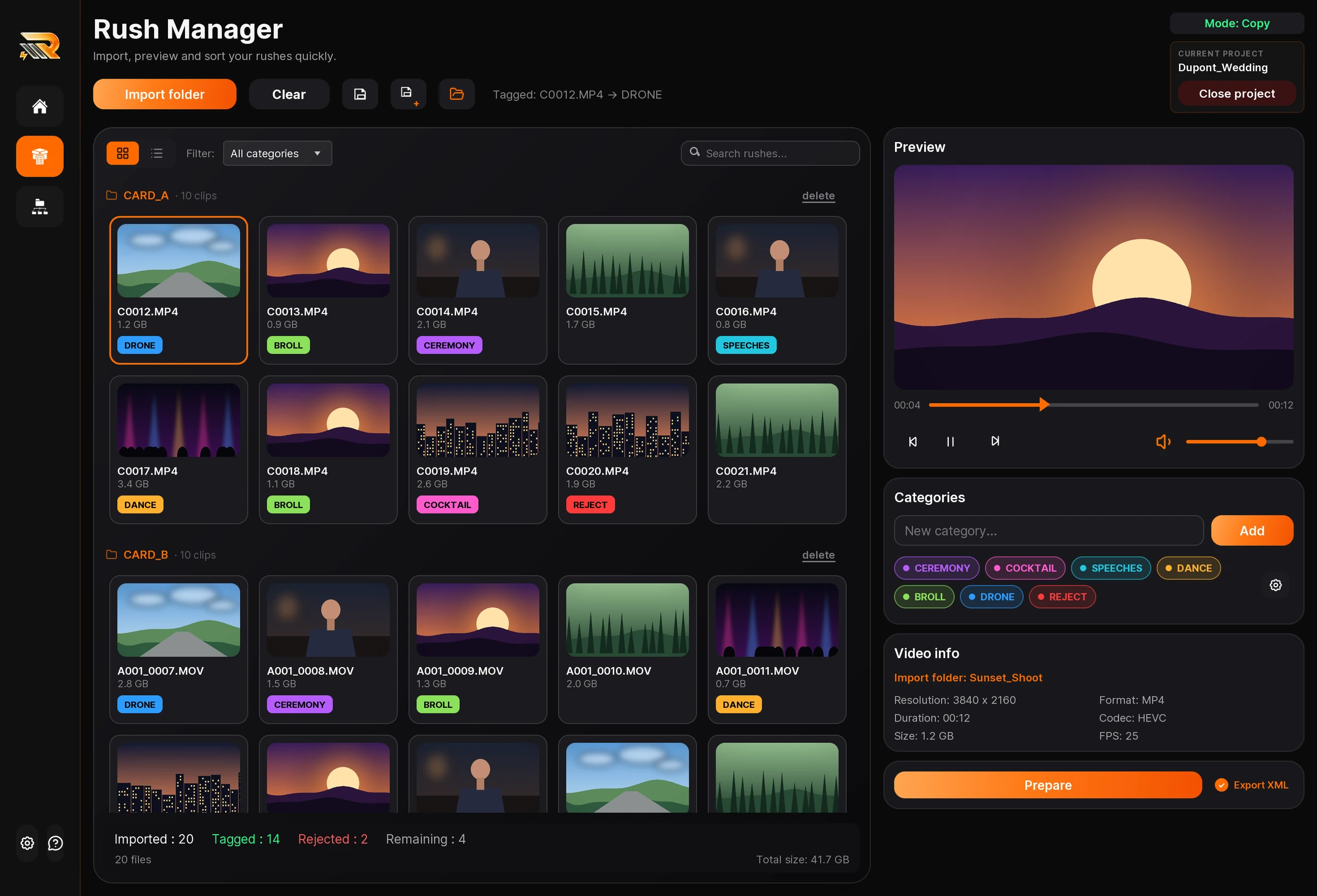 Interface de Rushr : grille de rushes taggés par catégorie et lecteur de prévisualisation