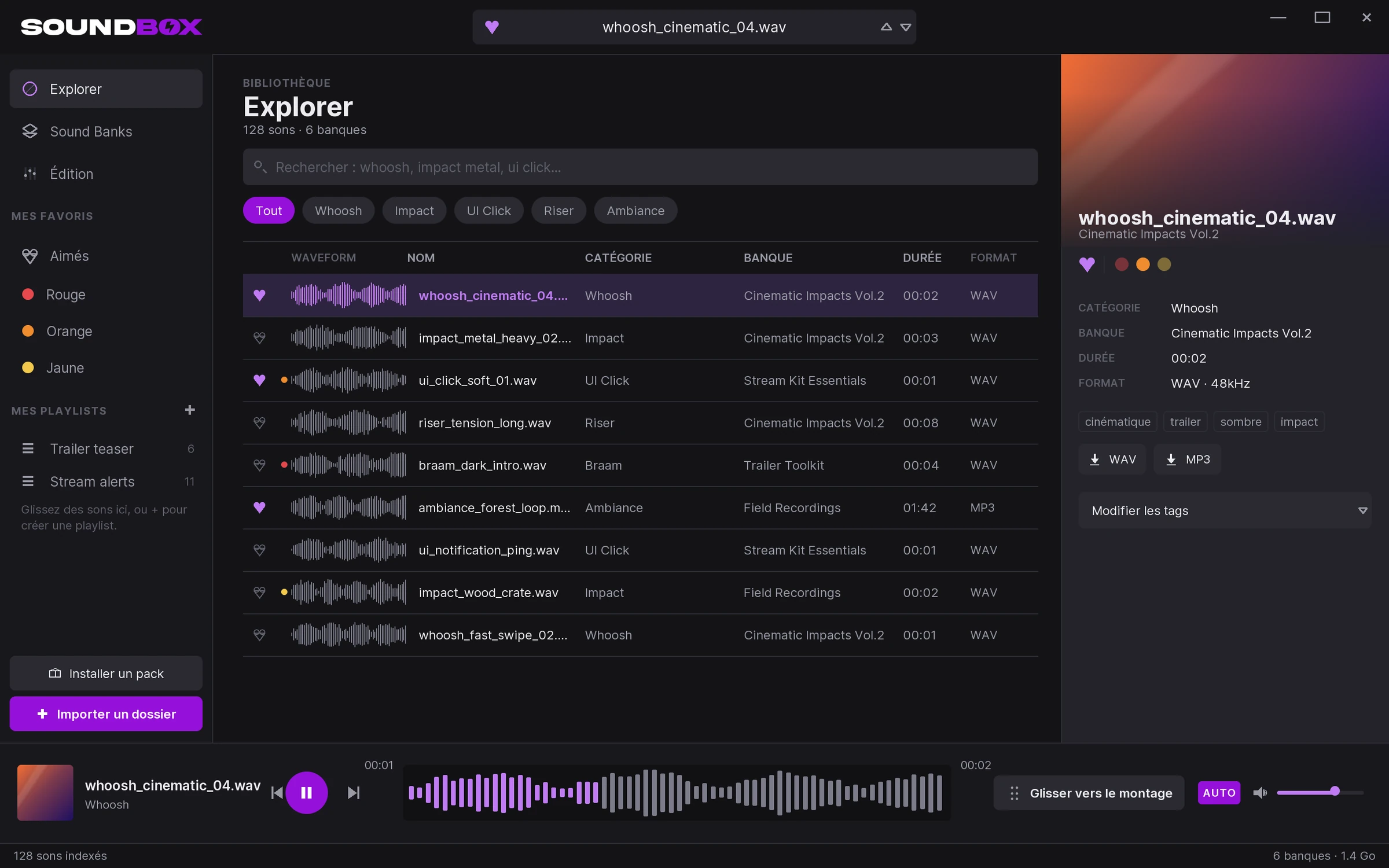 Interface de SoundBox : bibliothèque de sons, fiche du son sélectionné et lecteur avec waveform